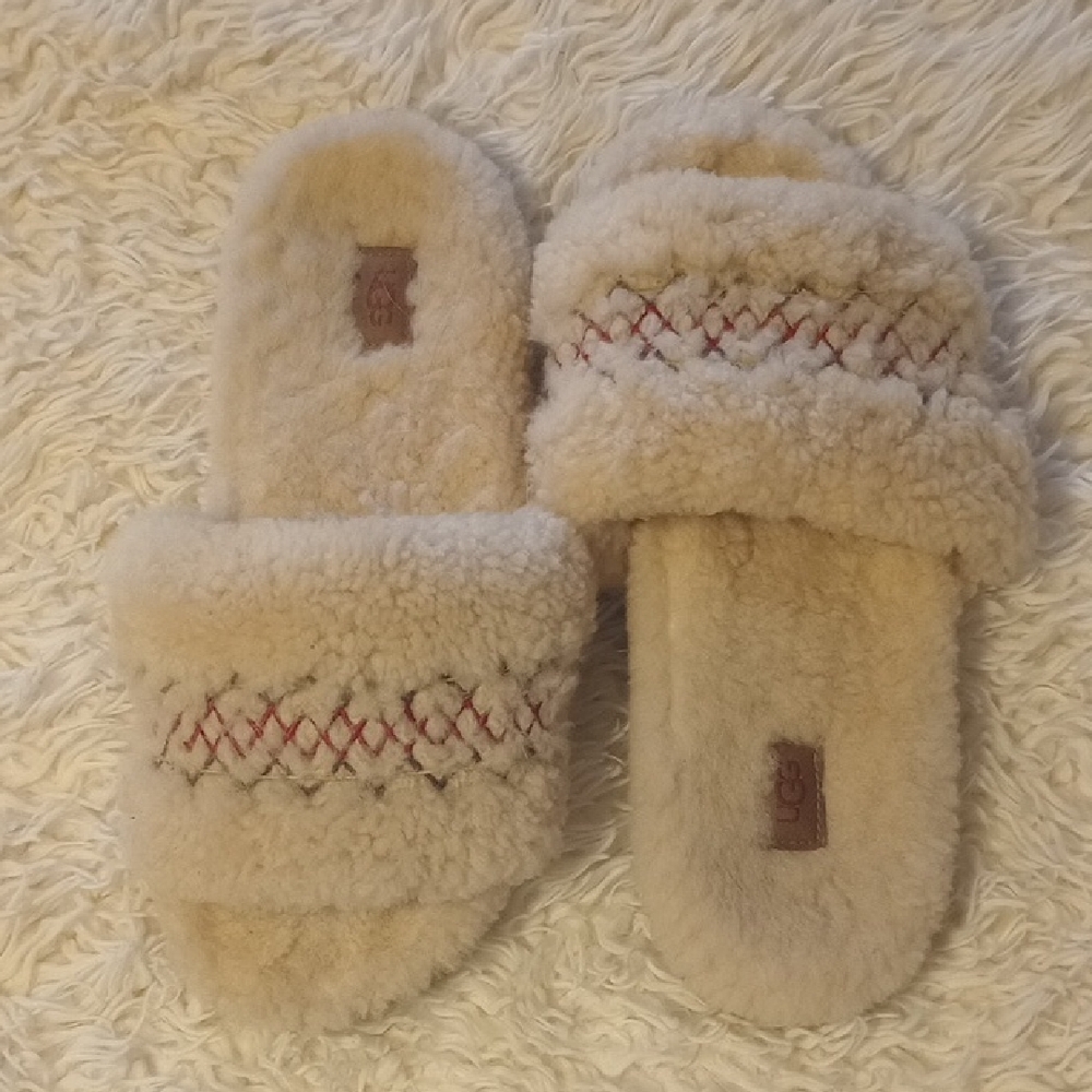 UGG Tan Fuzzy Slippers with Red Stitching